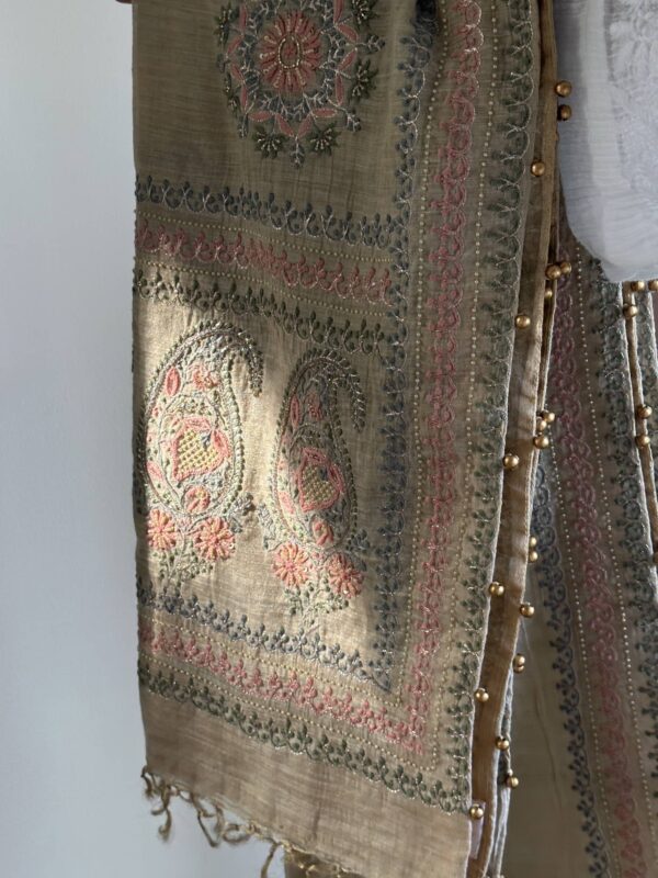 Natural Shade Fine Chikankari Ari Tissue Silk Dupatta - Image 6