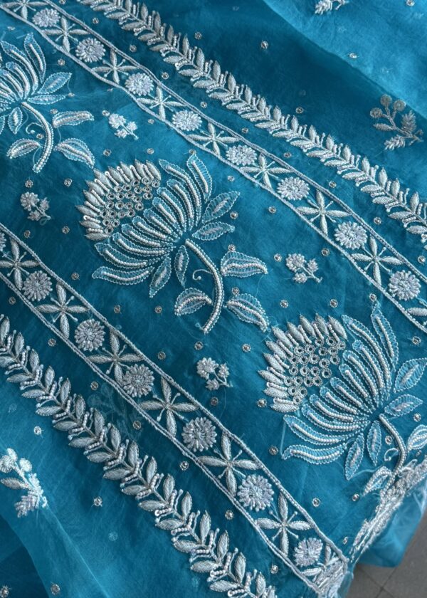 Blue Noor Organza Silk Fine Chikankari Unstitched Fabric - Image 3