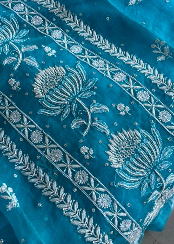 Blue Noor Organza Silk Fine Chikankari Unstitched Fabric - Image 3