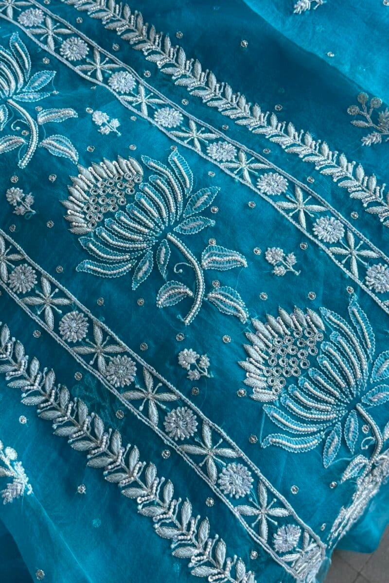 Blue Noor Organza Silk Fine Chikankari Unstitched Fabric