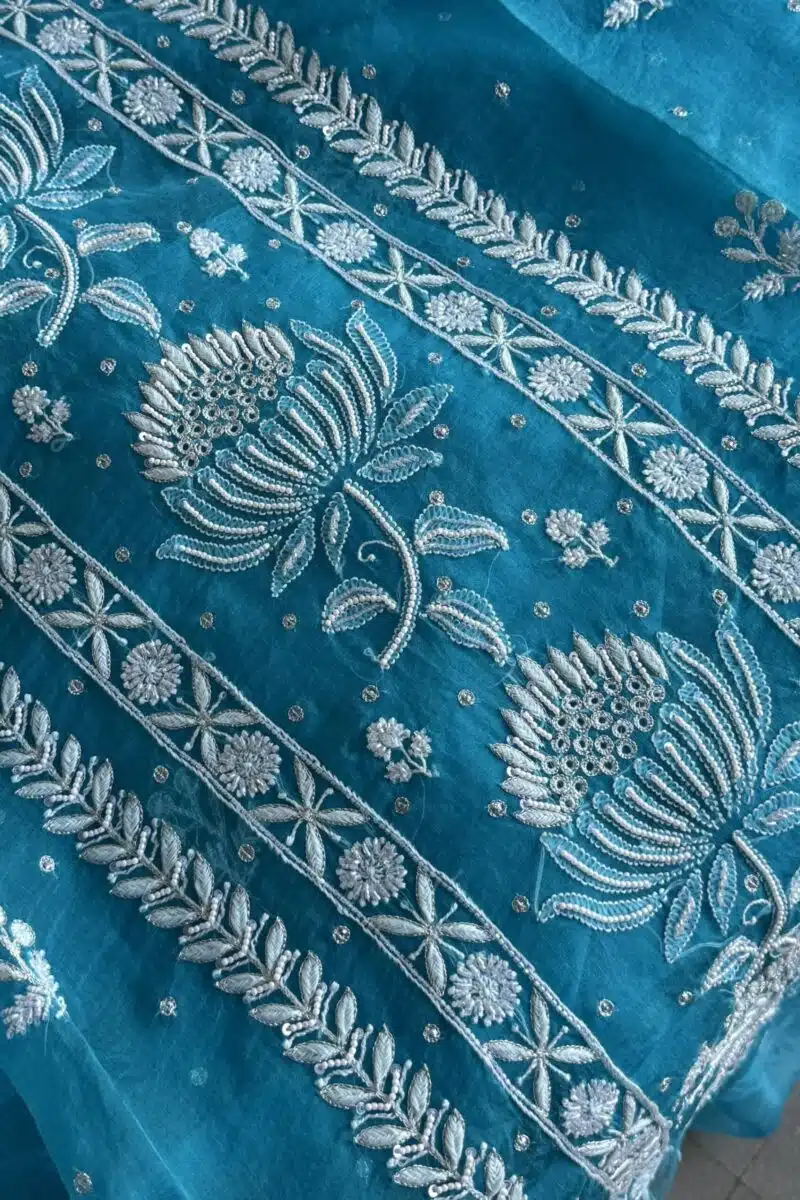 Blue Noor Organza Silk Fine Chikankari Unstitched Fabric