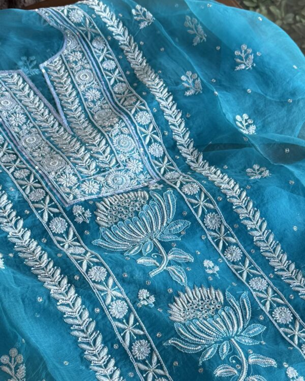 Blue Noor Organza Silk Fine Chikankari Unstitched Fabric - Image 2