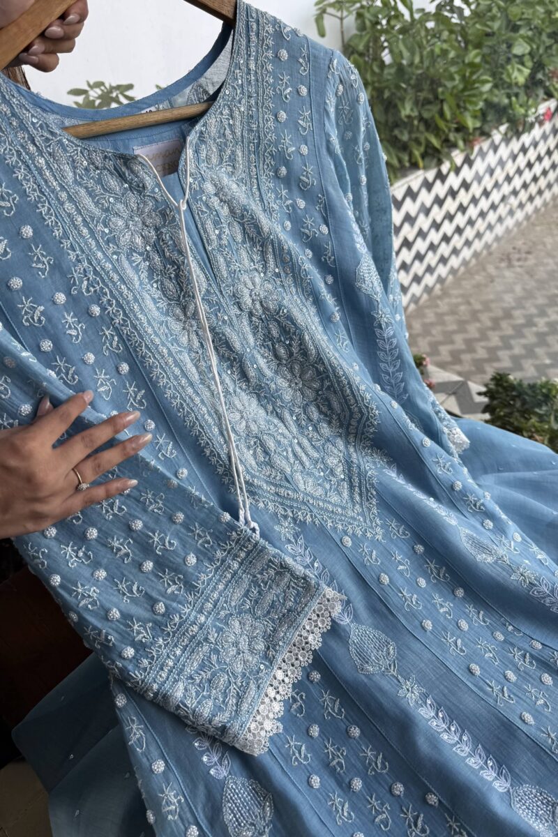 Powder Blue | Mal Chanderi Pearl Work Chikankari Anarkali With Dupatta