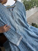 Powder Blue | Mal Chanderi Pearl Work Chikankari Anarkali With Dupatta