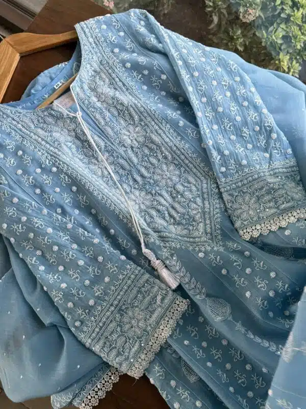 Powder Blue | Mal Chanderi Pearl Work Chikankari Anarkali With Dupatta - Image 10