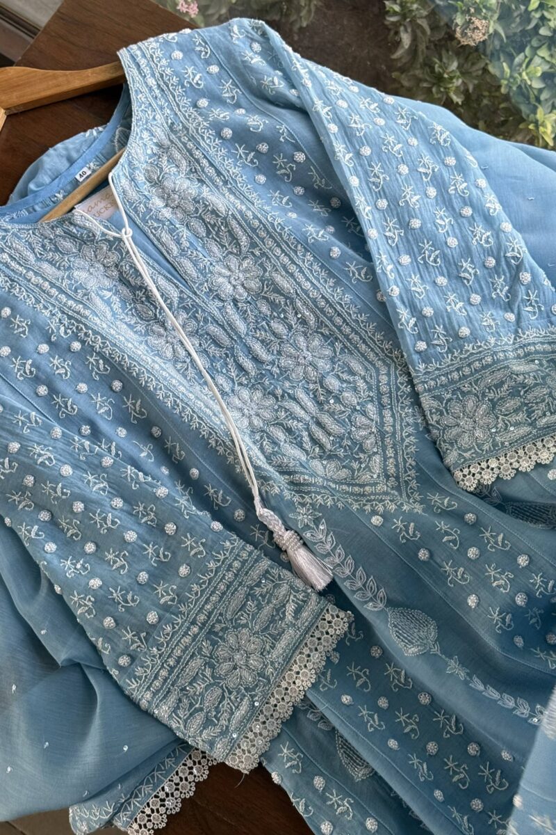 Powder Blue | Mal Chanderi Pearl Work Chikankari Anarkali With Dupatta