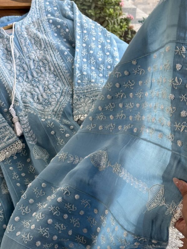 Powder Blue | Mal Chanderi Pearl Work Chikankari Anarkali With Dupatta - Image 11
