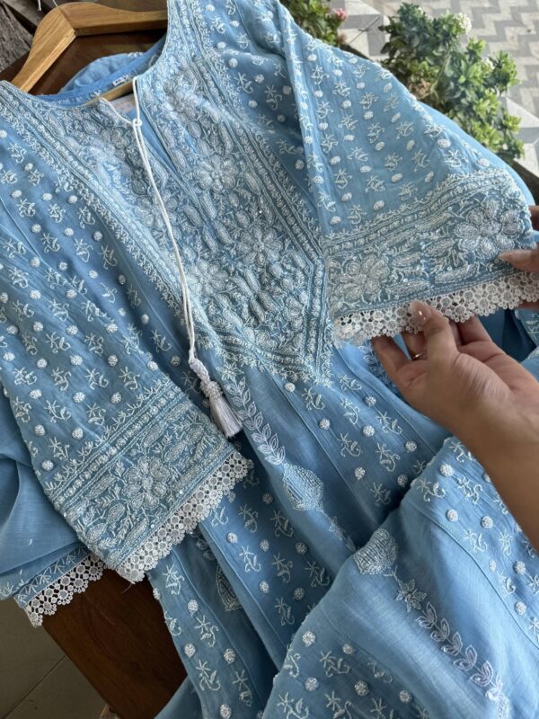 Powder Blue | Mal Chanderi Pearl Work Chikankari Anarkali With Dupatta - Image 4