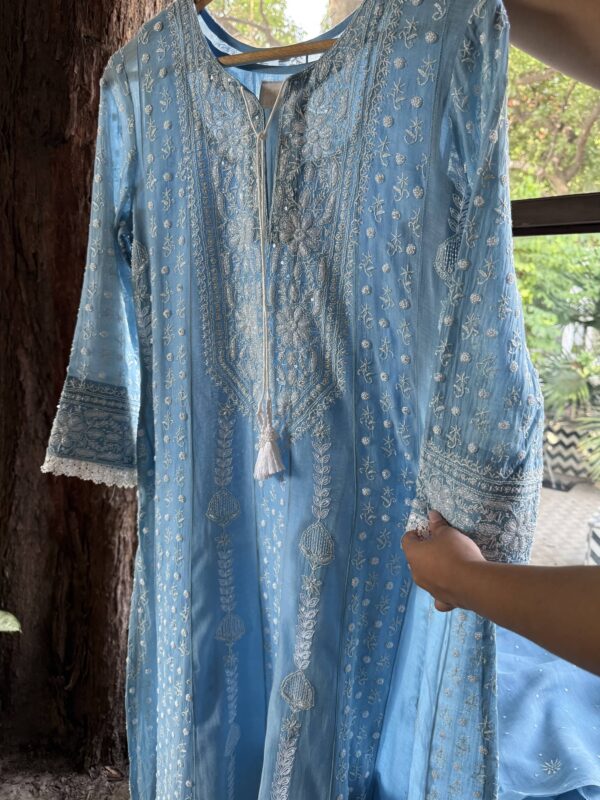 Powder Blue | Mal Chanderi Pearl Work Chikankari Anarkali With Dupatta - Image 9