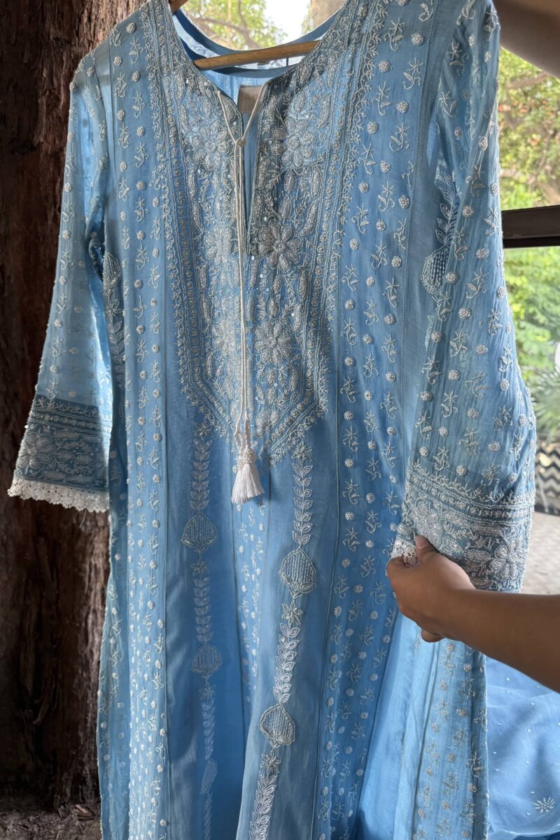 Powder Blue | Mal Chanderi Pearl Work Chikankari Anarkali With Dupatta