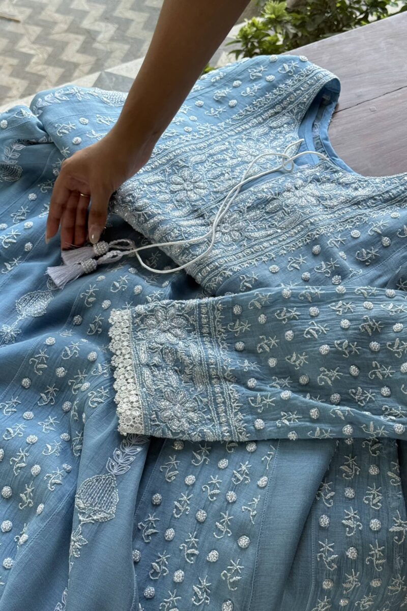 Powder Blue | Mal Chanderi Pearl Work Chikankari Anarkali With Dupatta