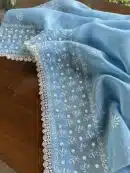 Powder Blue | Mal Chanderi Pearl Work Chikankari Anarkali With Dupatta