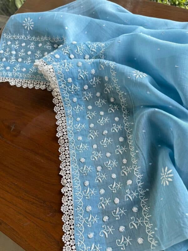 Powder Blue | Mal Chanderi Pearl Work Chikankari Anarkali With Dupatta - Image 13