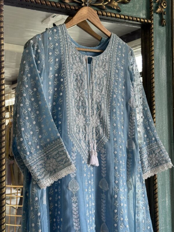 Powder Blue | Mal Chanderi Pearl Work Chikankari Anarkali With Dupatta - Image 3
