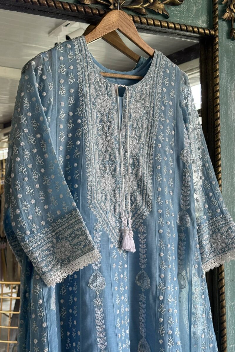 Powder Blue | Mal Chanderi Pearl Work Chikankari Anarkali With Dupatta