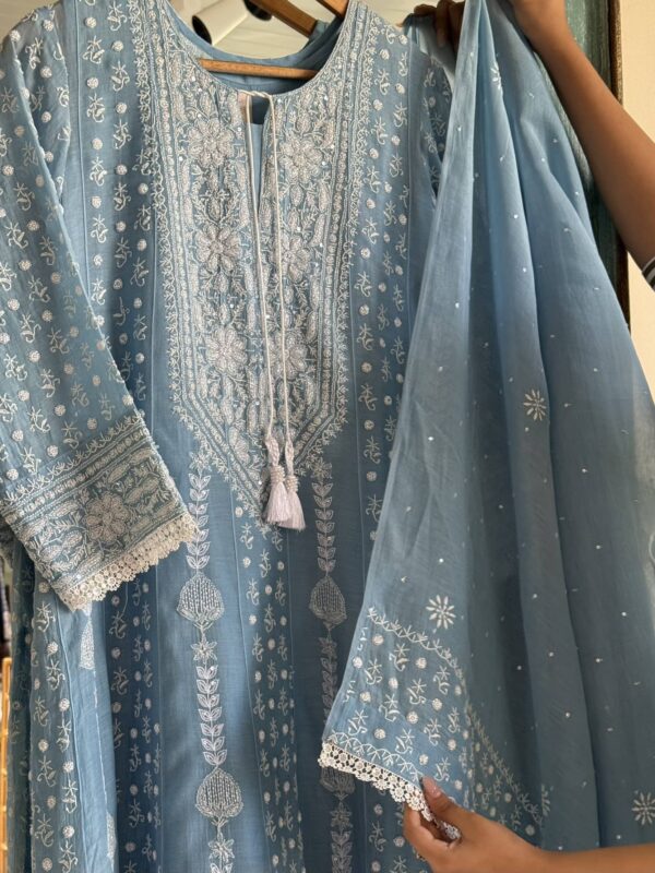 Powder Blue | Mal Chanderi Pearl Work Chikankari Anarkali With Dupatta - Image 7