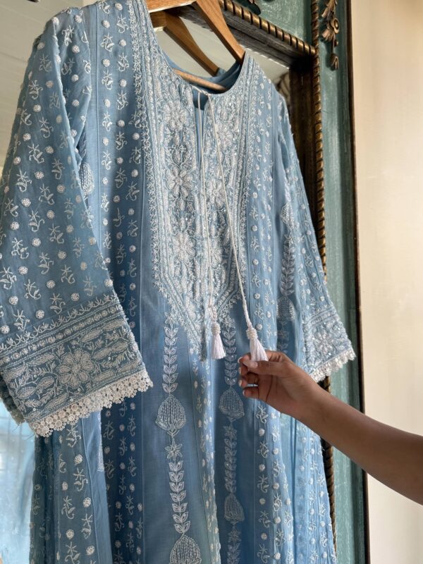 Powder Blue | Mal Chanderi Pearl Work Chikankari Anarkali With Dupatta