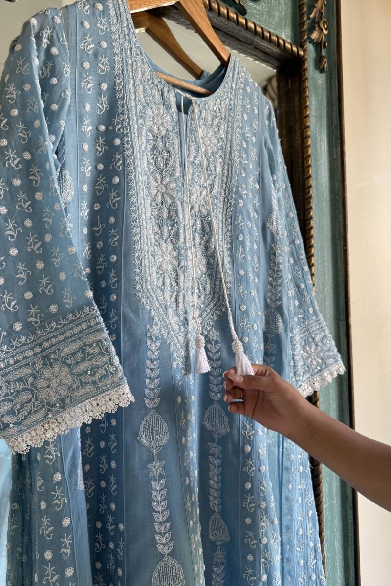 Powder Blue | Mal Chanderi Pearl Work Chikankari Anarkali With Dupatta
