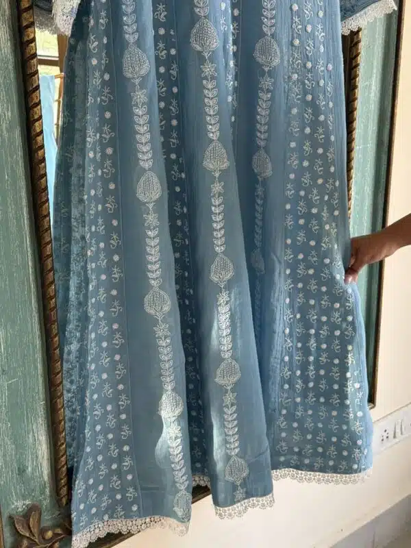 Powder Blue | Mal Chanderi Pearl Work Chikankari Anarkali With Dupatta - Image 8