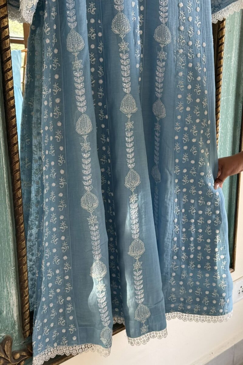 Powder Blue | Mal Chanderi Pearl Work Chikankari Anarkali With Dupatta