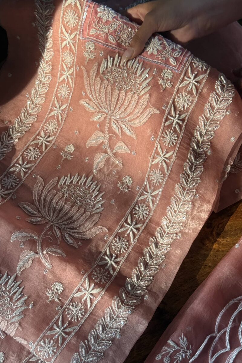 Soft Pink Noor Organza Silk Fine Chikankari Unstitched Fabric