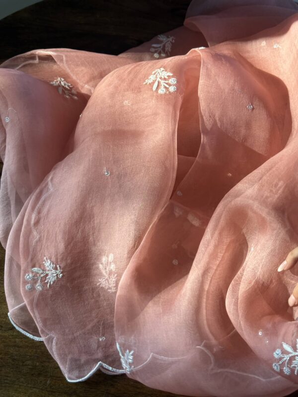 Soft Pink Noor Organza Silk Fine Chikankari Unstitched Fabric - Image 9
