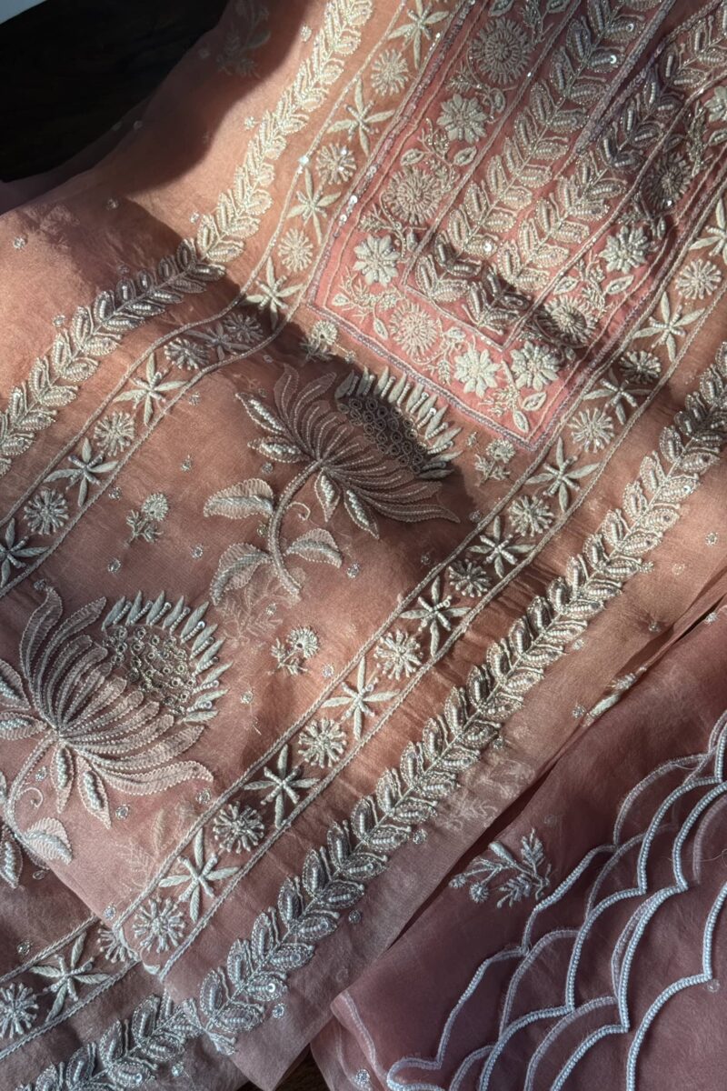 Soft Pink Noor Organza Silk Fine Chikankari Unstitched Fabric