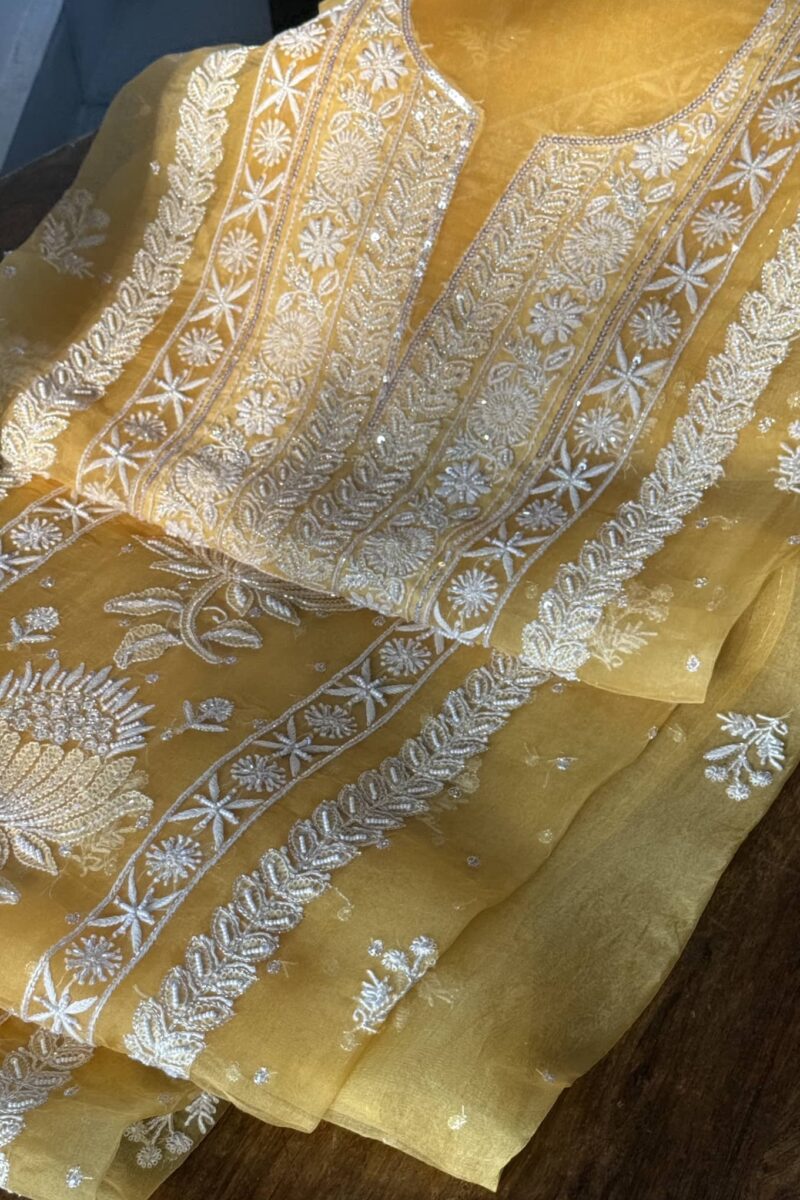 Yellow Noor Organza Silk Fine Chikankari Unstitched Fabric