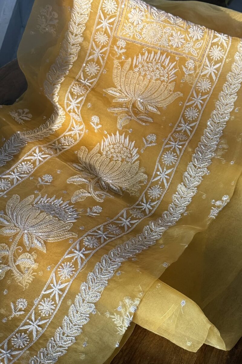 Yellow Noor Organza Silk Fine Chikankari Unstitched Fabric