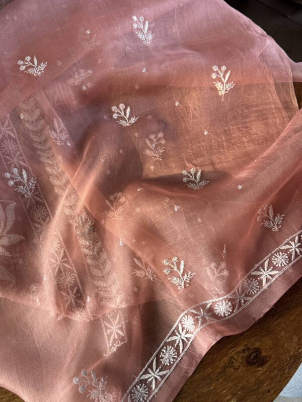 Soft Pink Noor Organza Silk Fine Chikankari Unstitched Fabric - Image 8