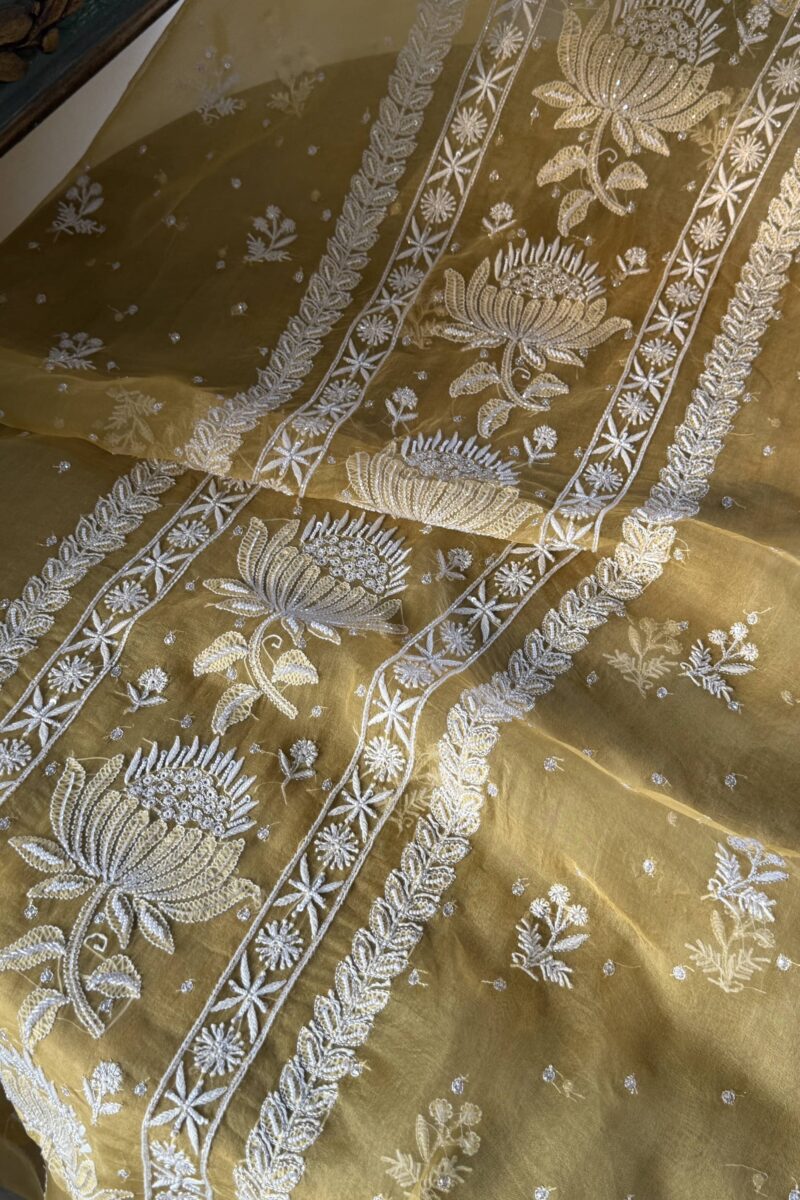 Yellow Noor Organza Silk Fine Chikankari Unstitched Fabric