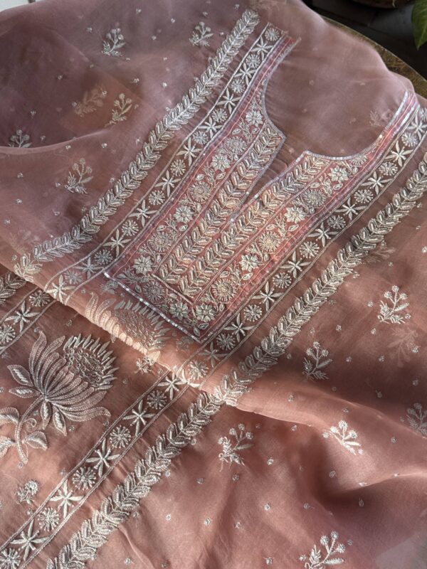 Soft Pink Noor Organza Silk Fine Chikankari Unstitched Fabric