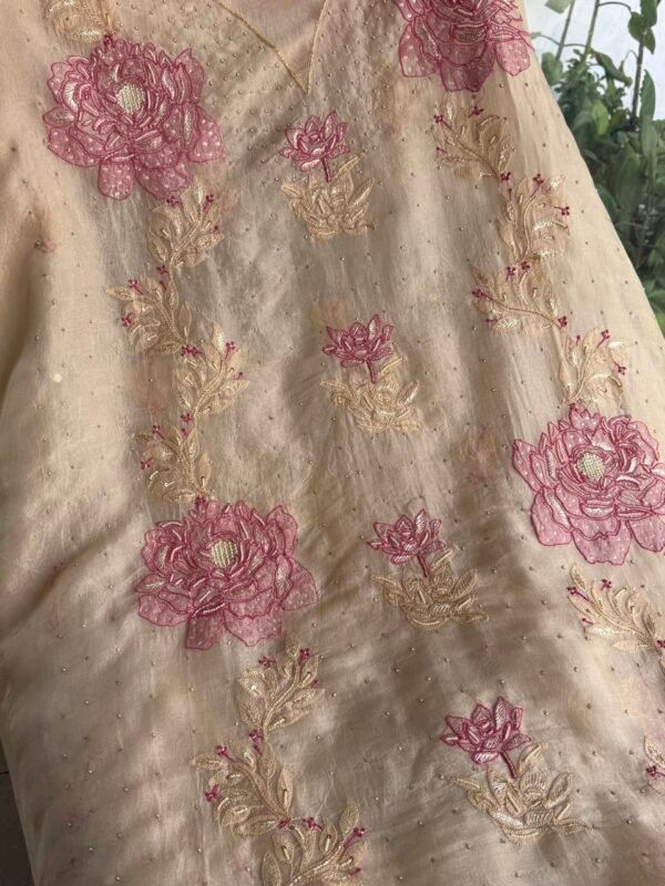 Cream Rose motifs Noor Organza Silk Chikankari Unstitched Fabrics - Image 8