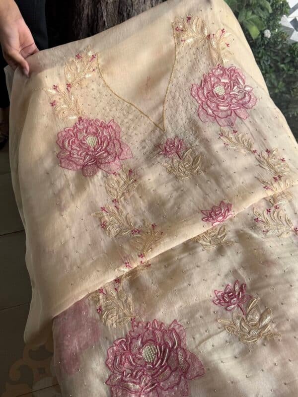 Cream Rose motifs Noor Organza Silk Chikankari Unstitched Fabrics - Image 5
