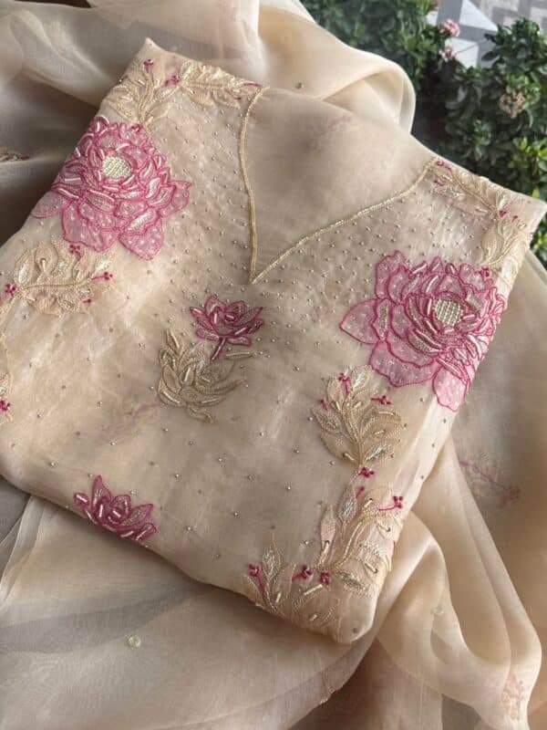Cream Rose motifs Noor Organza Silk Chikankari Unstitched Fabrics - Image 4