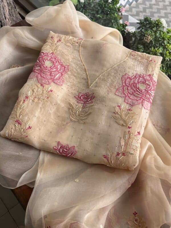 Cream Rose motifs Noor Organza Silk Chikankari Unstitched Fabrics - Image 2