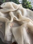 Cream Rose motifs Noor Organza Silk Chikankari Unstitched Fabrics