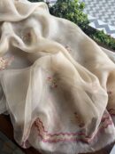 Cream Rose motifs Noor Organza Silk Chikankari Unstitched Fabrics