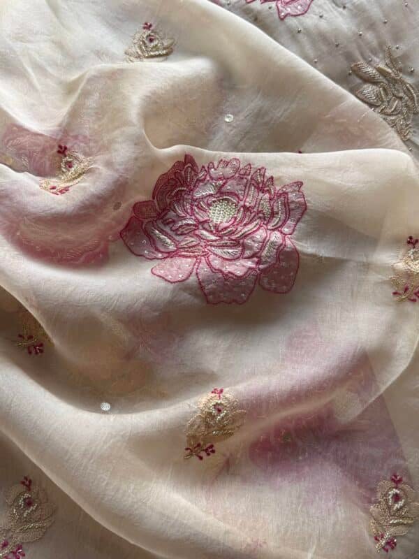Cream Rose motifs Noor Organza Silk Chikankari Unstitched Fabrics - Image 10