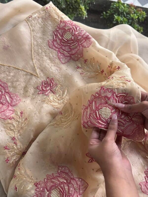Cream Rose motifs Noor Organza Silk Chikankari Unstitched Fabrics - Image 6