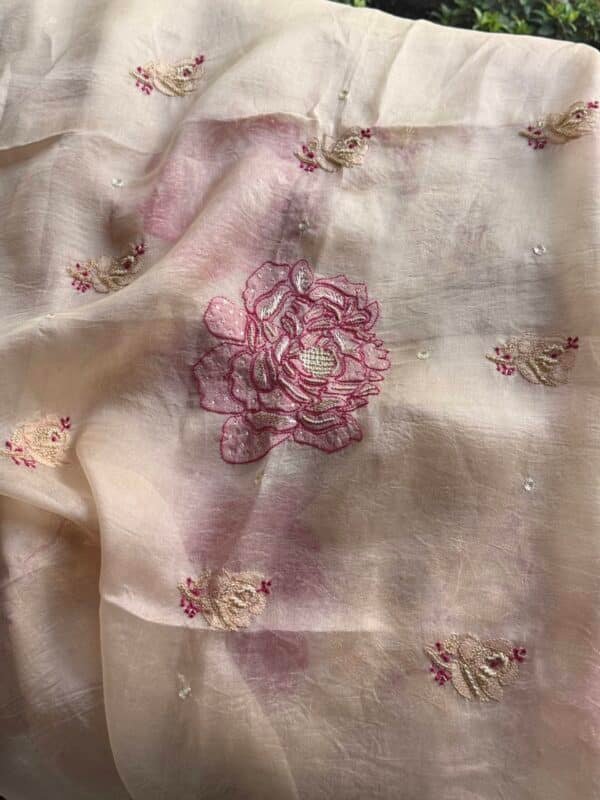 Cream Rose motifs Noor Organza Silk Chikankari Unstitched Fabrics - Image 11