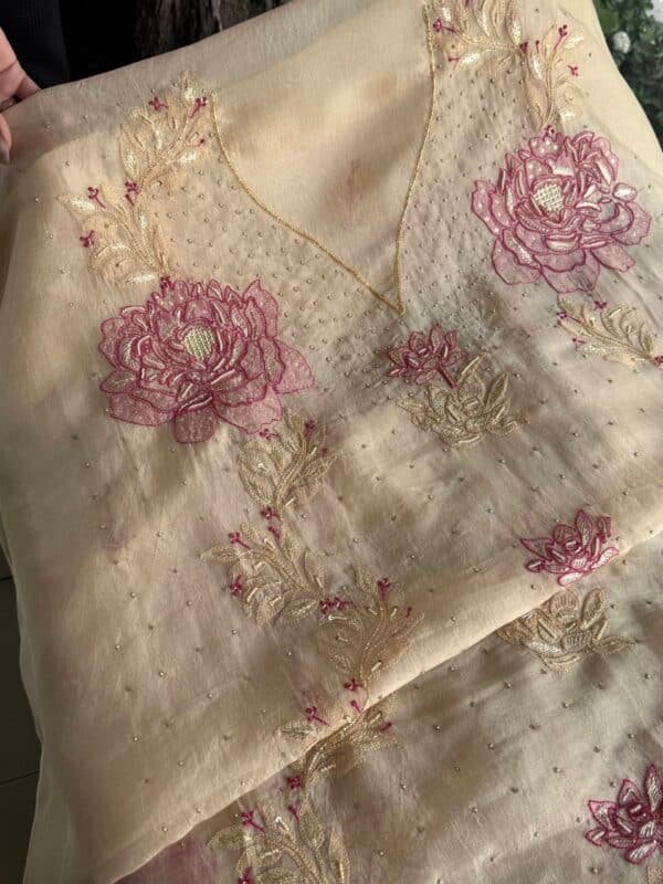 Cream Rose motifs Noor Organza Silk Chikankari Unstitched Fabrics - Image 3
