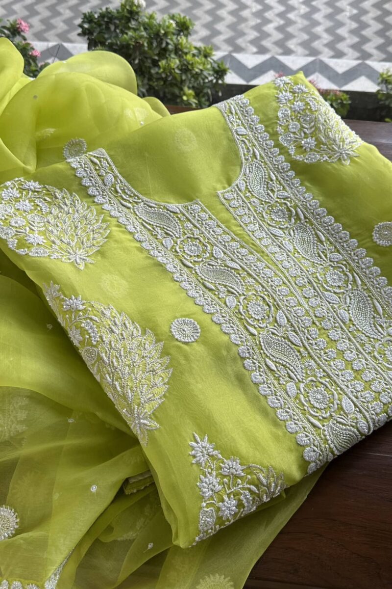 Neon Noor Organza Silk Fine Chikankari Unstitched Fabric