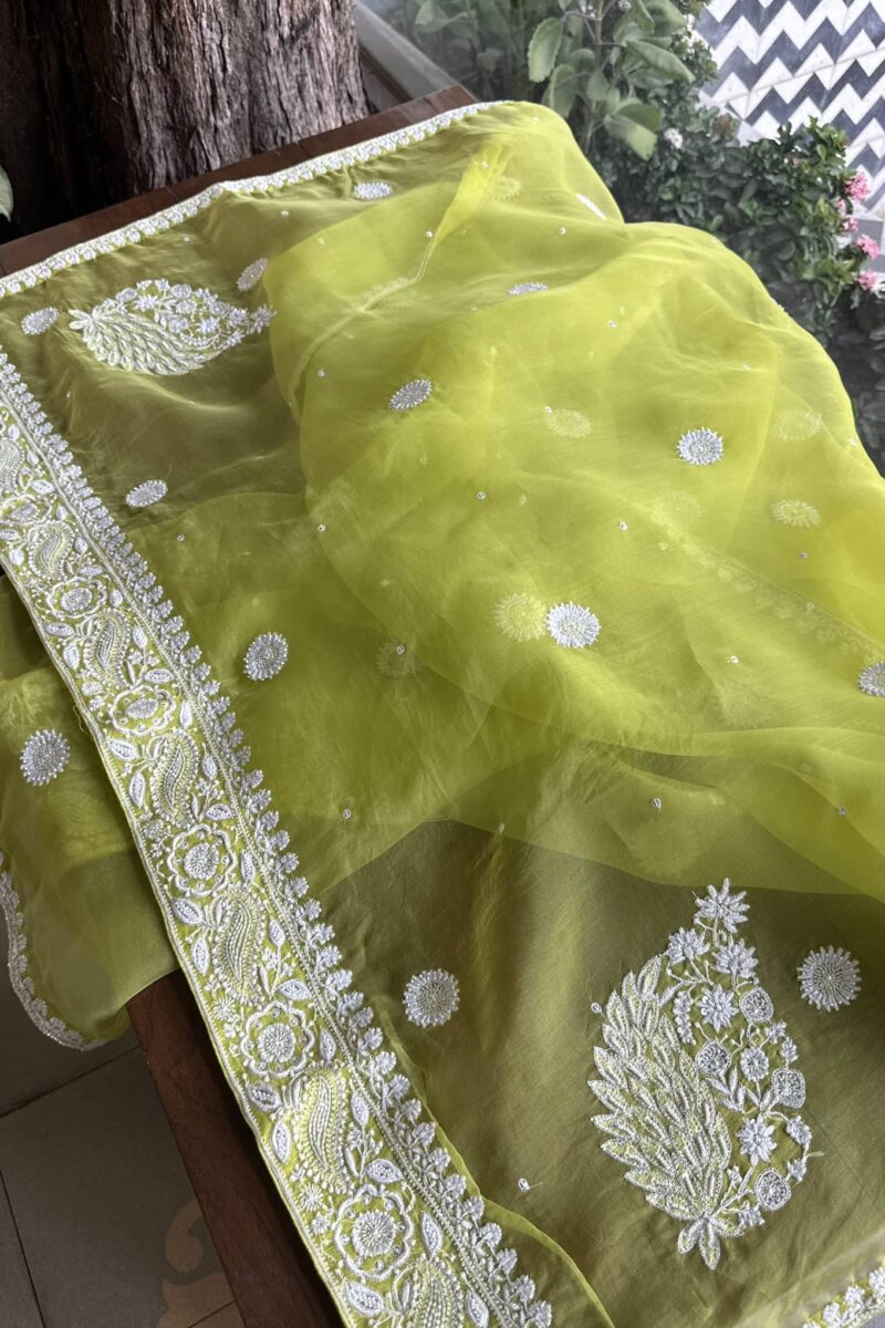 Neon Noor Organza Silk Fine Chikankari Unstitched Fabric