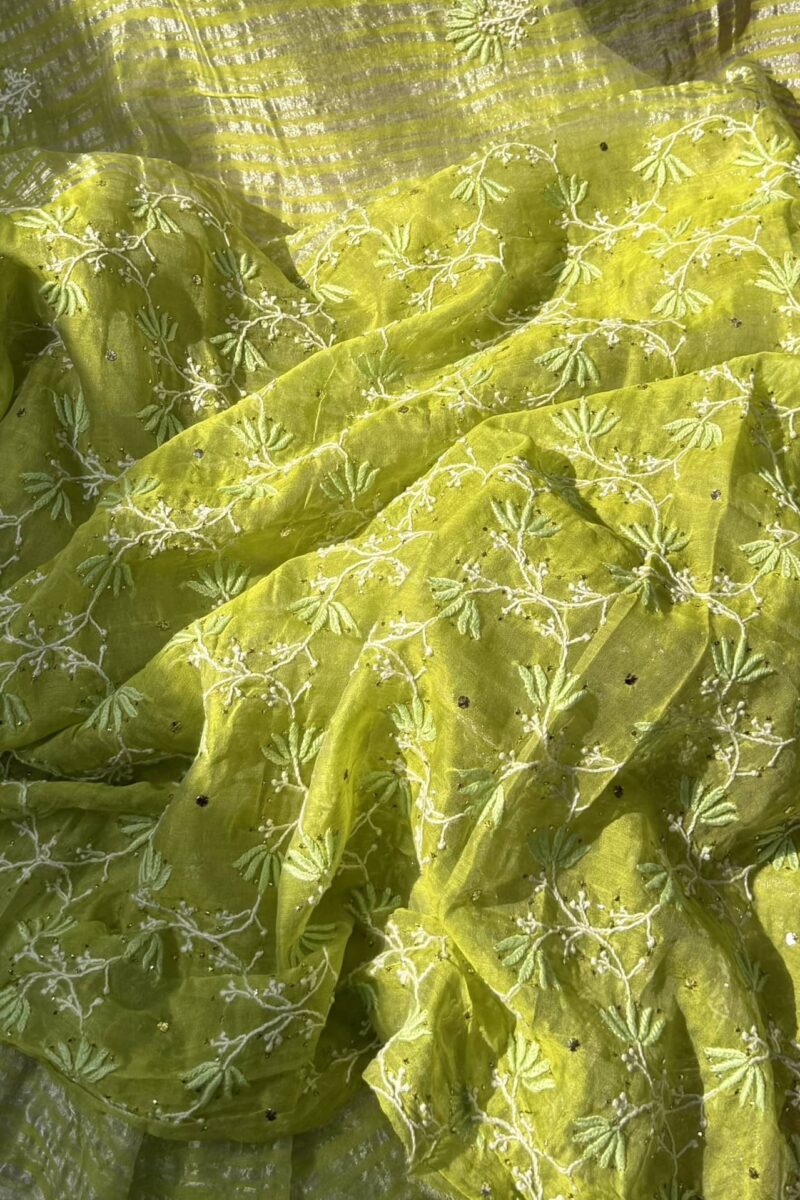 Neon Green  silver | Stripe Linen Chikankari Kamdani Saree