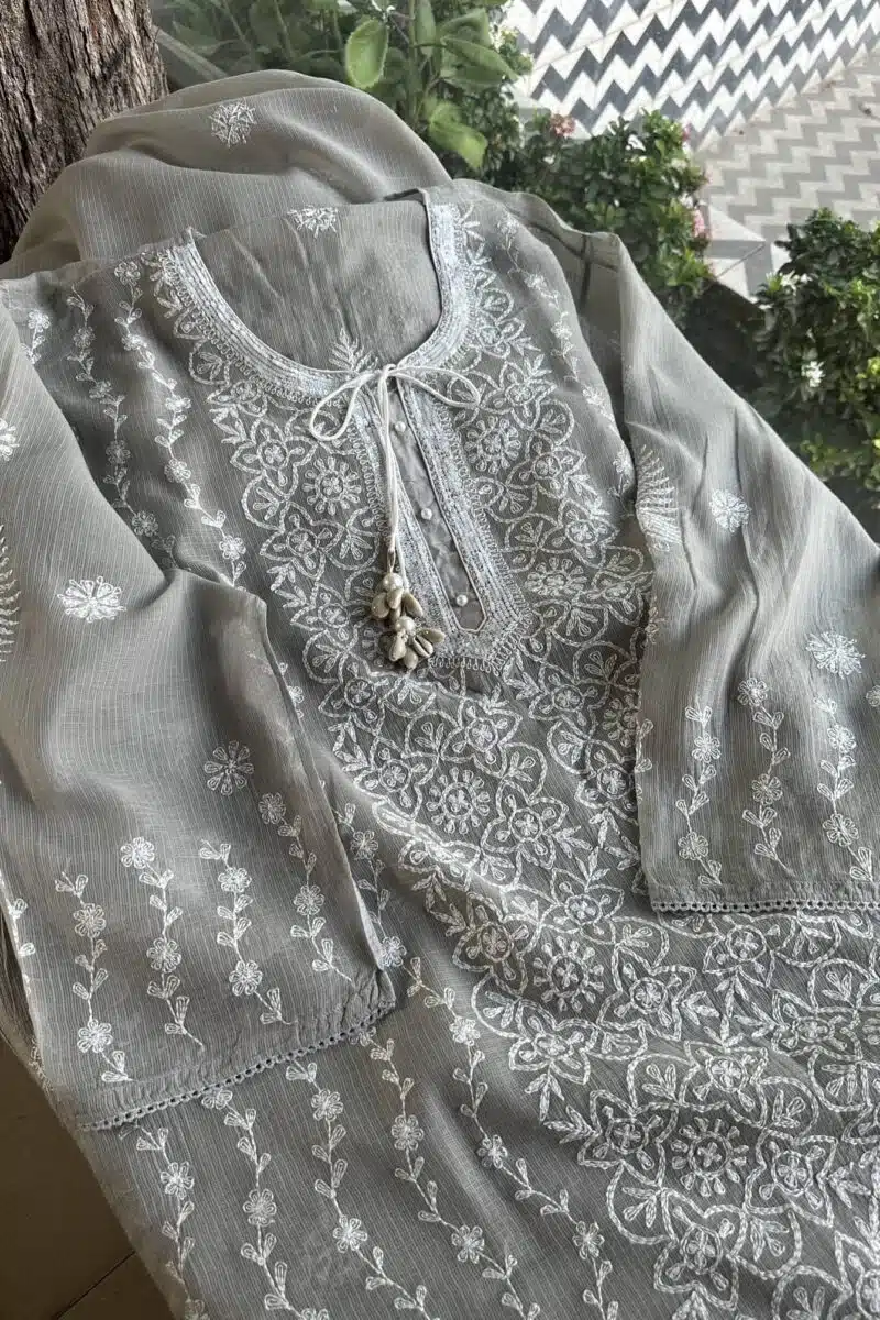 Semi Stitched Tepchi Kota Chikankari Kurta Dupatta Set