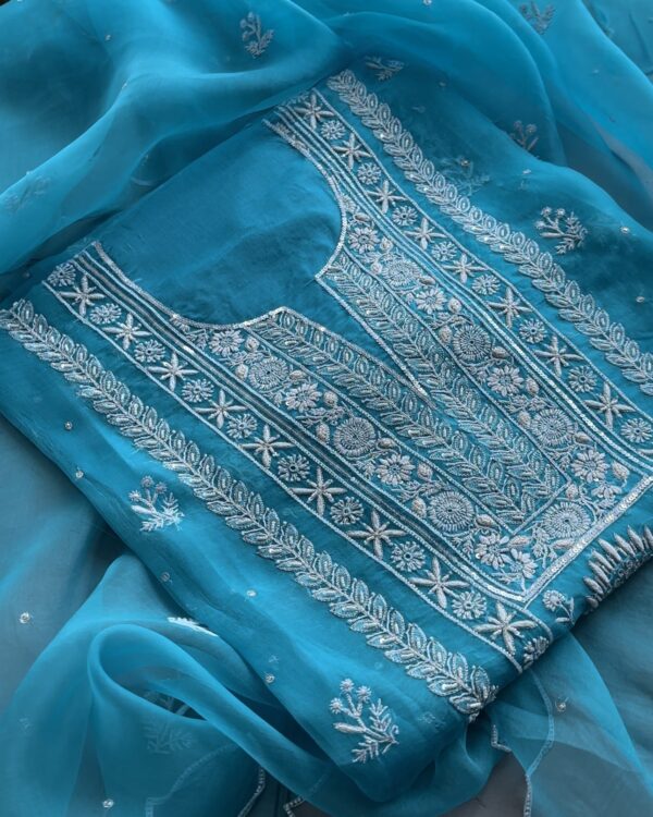 Blue Noor Organza Silk Fine Chikankari Unstitched Fabric