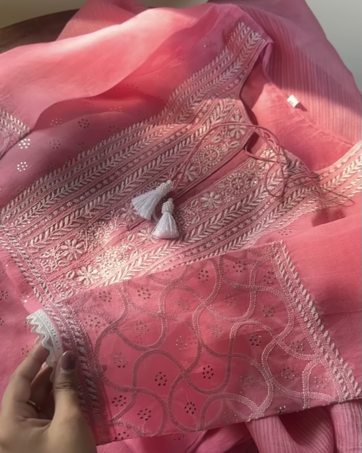 Pink Noor Organza Silk Chikankari With Mukaish Kamdani Ready to Wear Kurta Set