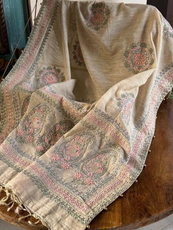 Natural Shade Fine Chikankari Ari Tissue Silk Dupatta - Image 9