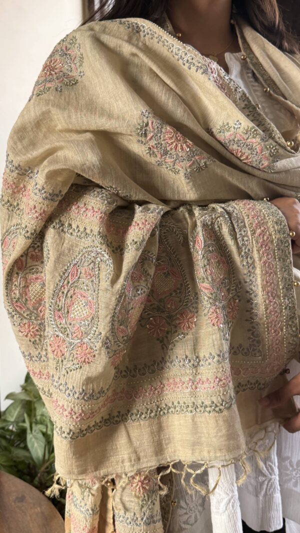 Natural Shade Fine Chikankari Ari Tissue Silk Dupatta